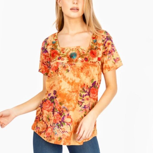 Vintage NWT  Goa Square Neck Floral Embroidered Boho Top in Mango ~ Large - Picture 1 of 11